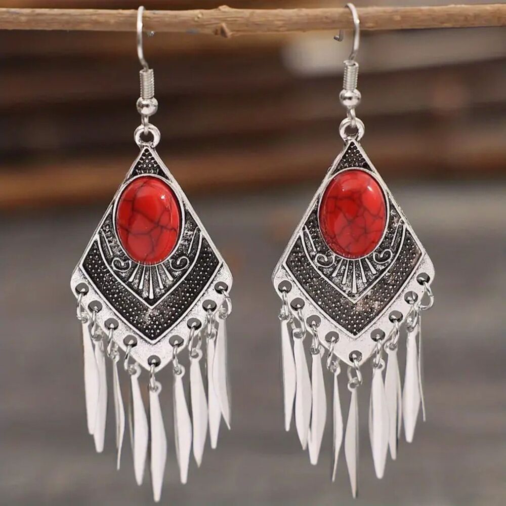 Bohemian Vintage Synthetic Red Turquoise Dangle Earrings –Silver-Plated Elegance